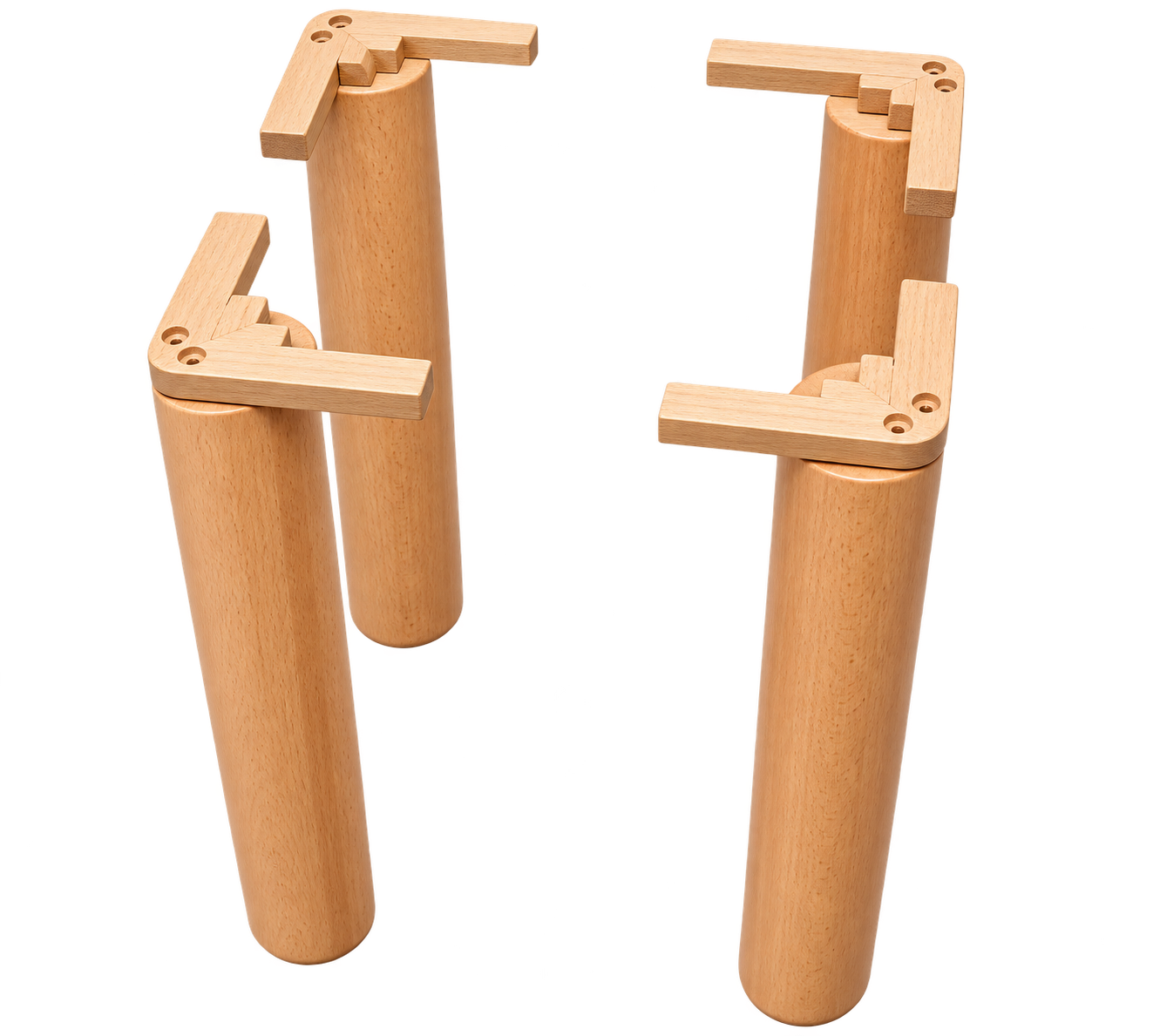 Four solid beech wood cylinder dining table legs with wooden mounting brackets for heavy tables.