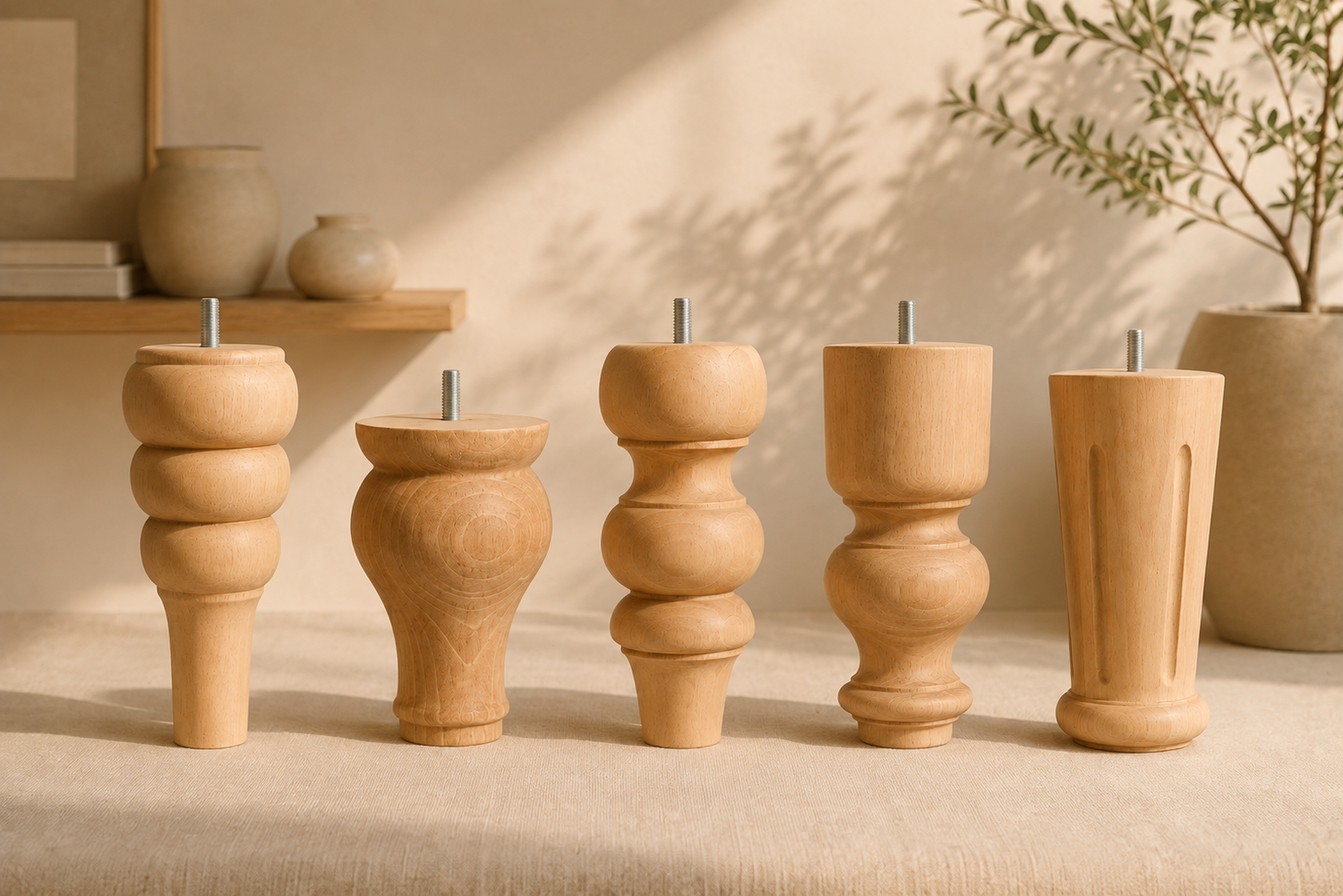 Solid wood storage cabinet legs in five handcrafted styles, featuring turned and fluted designs with threaded mounting bolts, displayed alongside wooden cabinets.