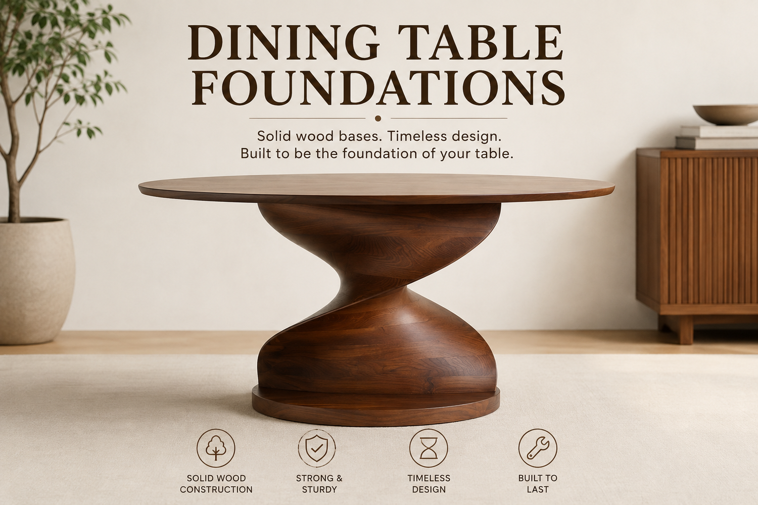 Solid walnut dining table with a sculptural pedestal base, showcasing a handcrafted solid wood foundation in a modern interior.