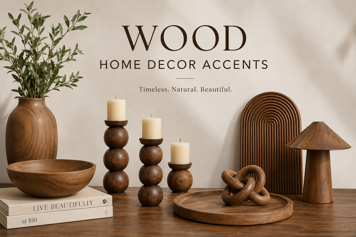 Wood home decor accents collection featuring handcrafted wooden vases, bowls, candle holders, trays, sculptures, and decorative objects in a warm natural interior setting.
