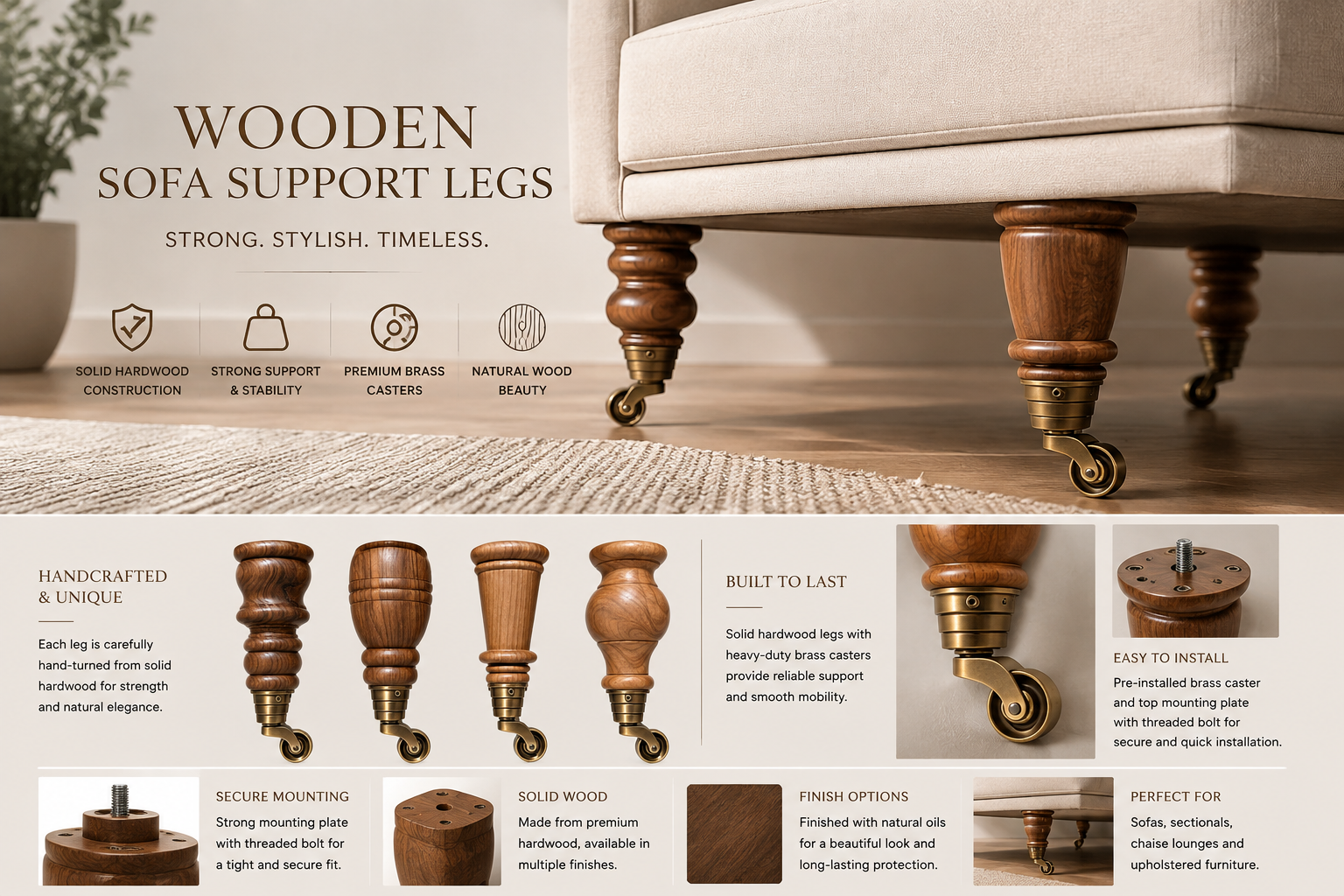 Handcrafted solid wood sofa support legs with premium brass casters, shown installed under a cream sofa with multiple turned wood leg styles, mounting options, and natural wood finishes.