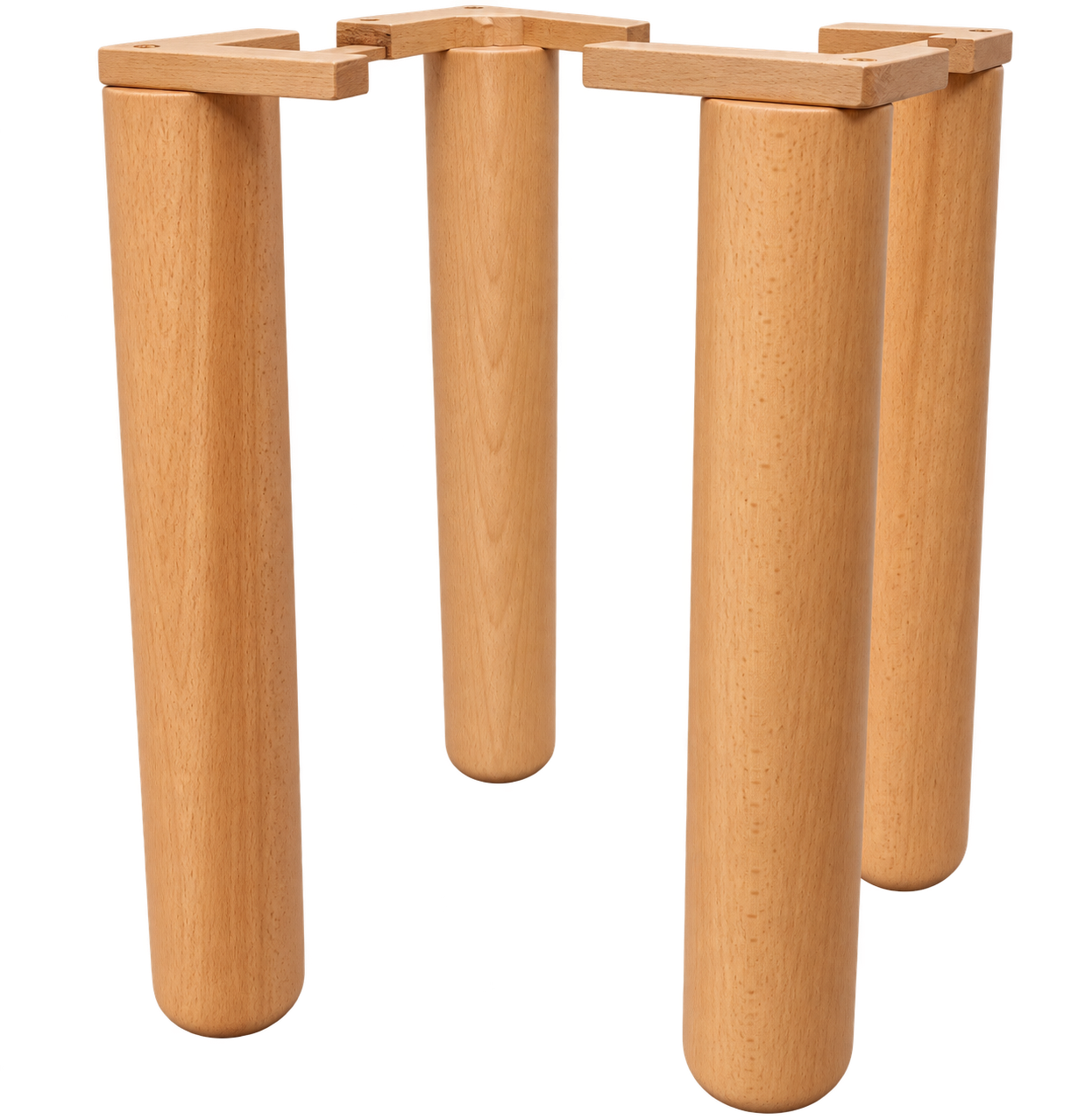 Set of solid beech wood cylinder table legs for dining tables and heavy furniture.