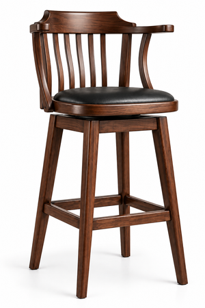 360° swivel bar stool made from solid beech wood with walnut stain and black leather upholstery