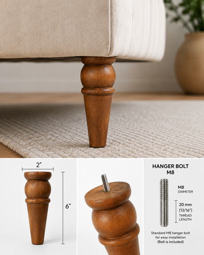 Wooden upholstered furniture leg with a turned cone-shaped design and threaded hole, shown on a rug with inset views showing dimensions and included hanger bolt.