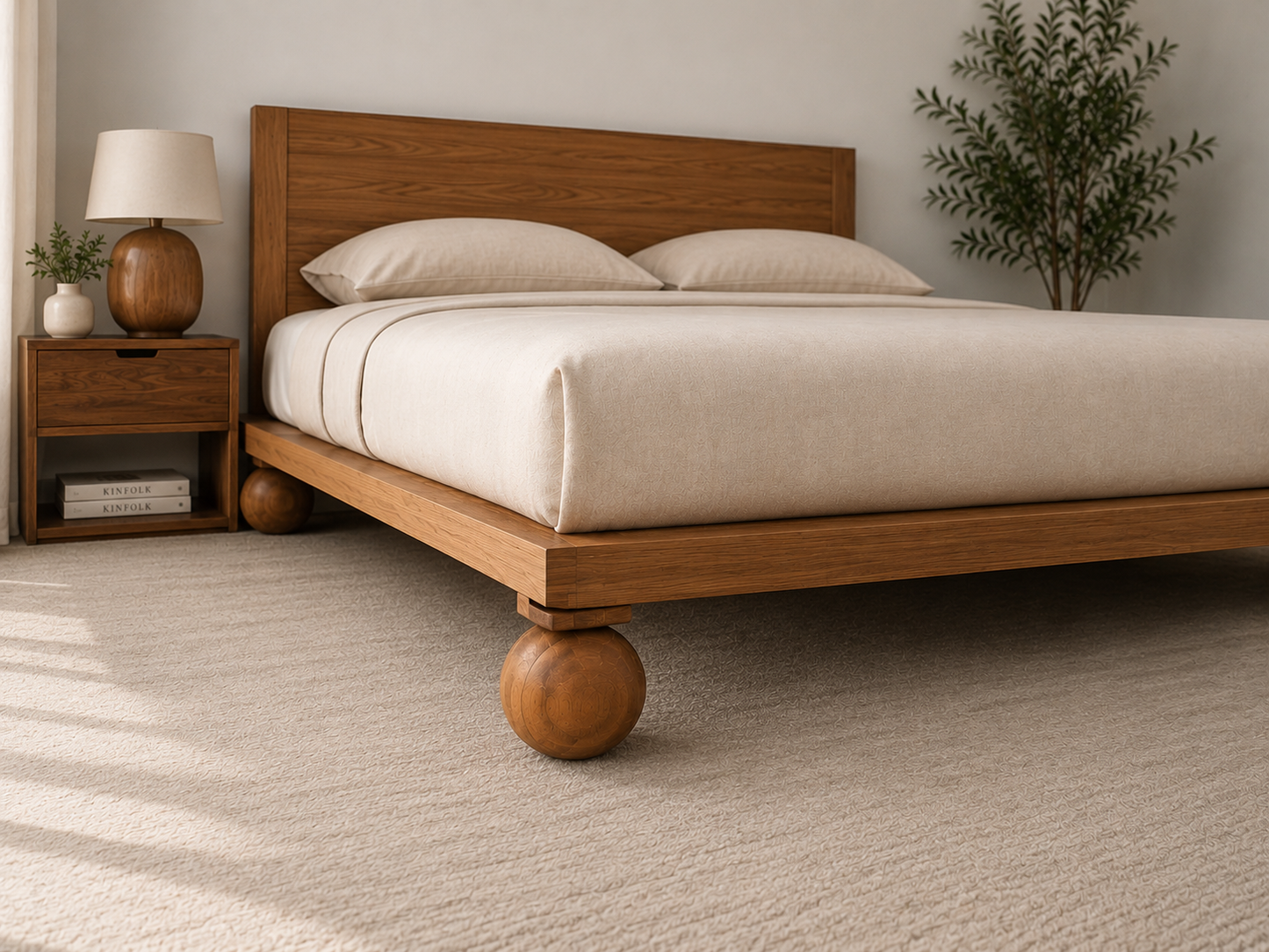 Set of 4 Walnut Wood Ball Legs with L-Shaped Corner Mounts