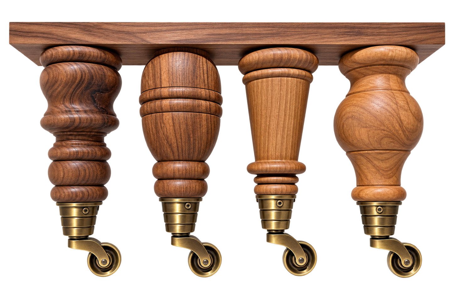 Four ornate wooden table legs with brass caster wheels, shown against a solid white background.