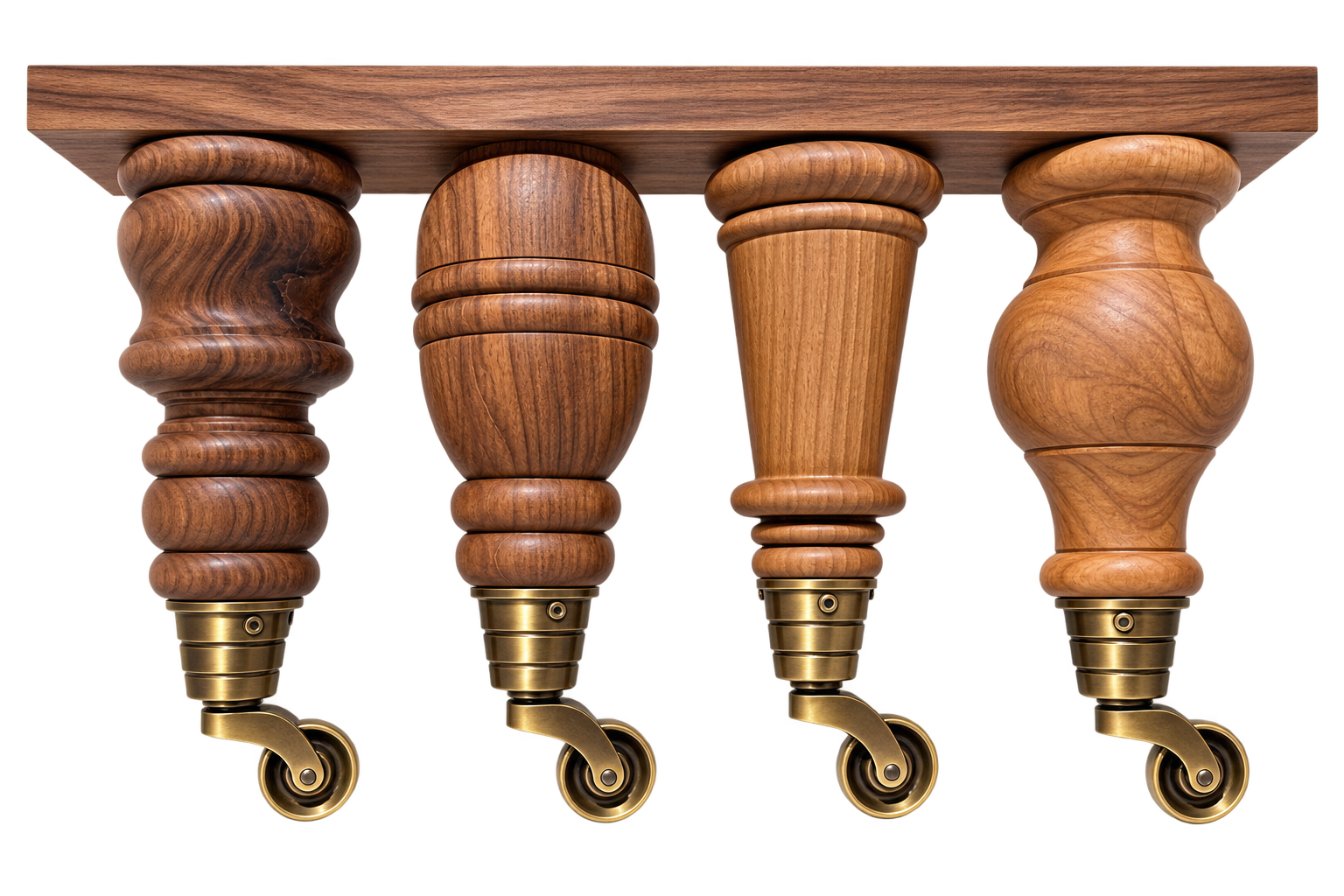 Four ornate wooden table legs with brass caster wheels, shown against a solid white background.