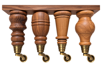 Four ornate wooden table legs with brass caster wheels, shown against a solid white background.