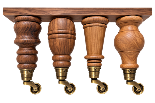 Four ornate wooden table legs with brass caster wheels, shown against a solid white background.