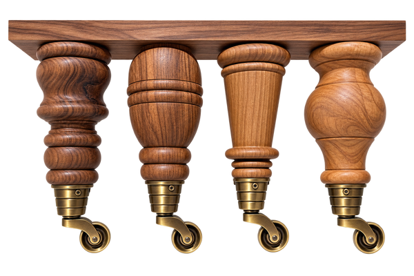 Four ornate wooden table legs with brass caster wheels, shown against a solid white background.