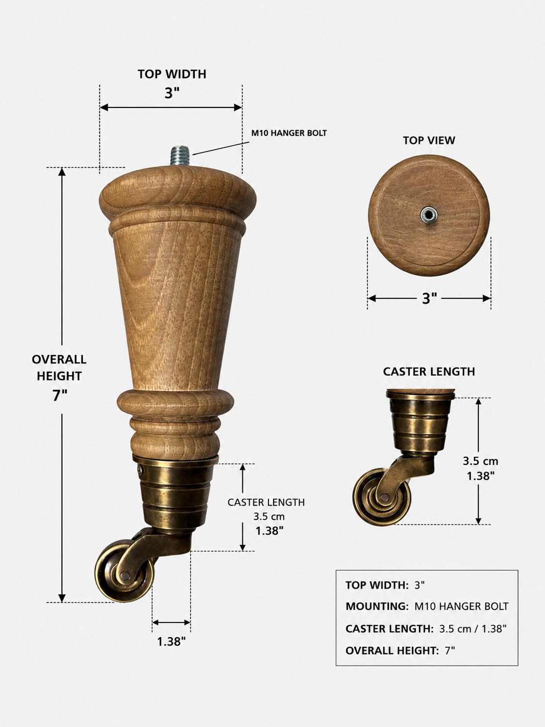 Product dimension diagram of a wooden caster wheel handle with measurements for top width, overall height, and caster length, shown on a light gray background.