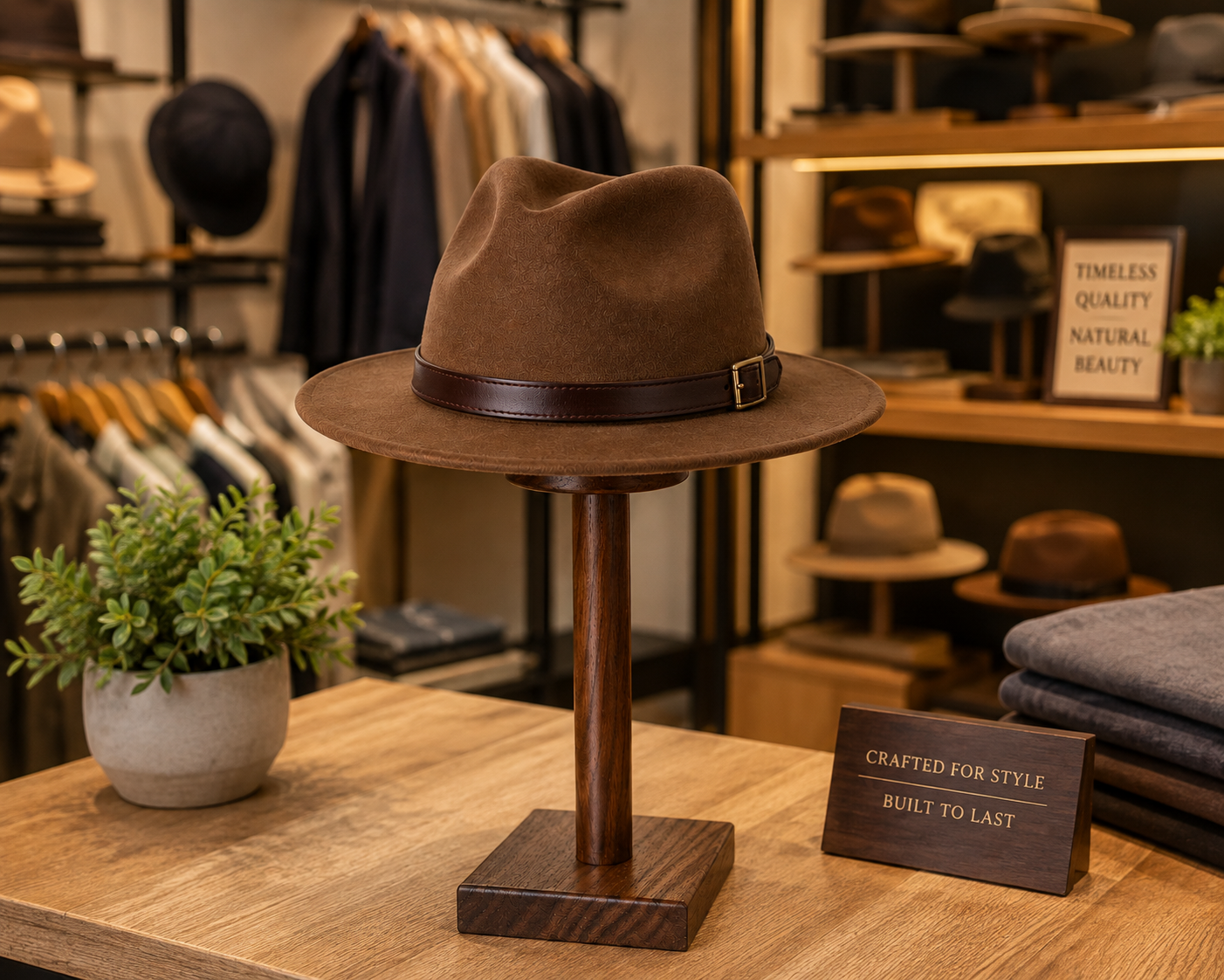 Walnut Wood Hat Display Stand – 12" Retail Hat Holder, Wooden Hat Showcase Stand