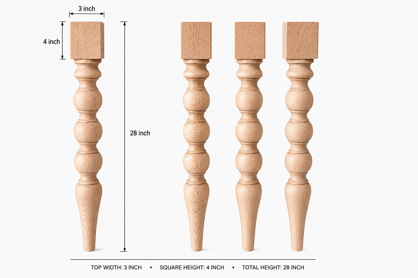 Rustic Oak Wood Dining Table Legs – Set of 4 Solid Wood Farmhouse Table Legs