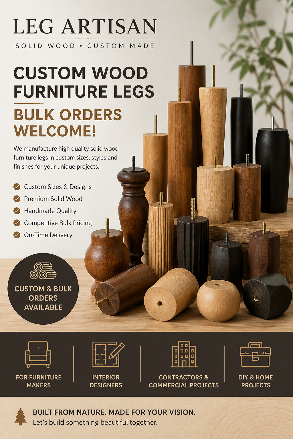 Set of 4 White Oak Cylinder Furniture Legs – Solid Wood Column Legs – Custom Sizes