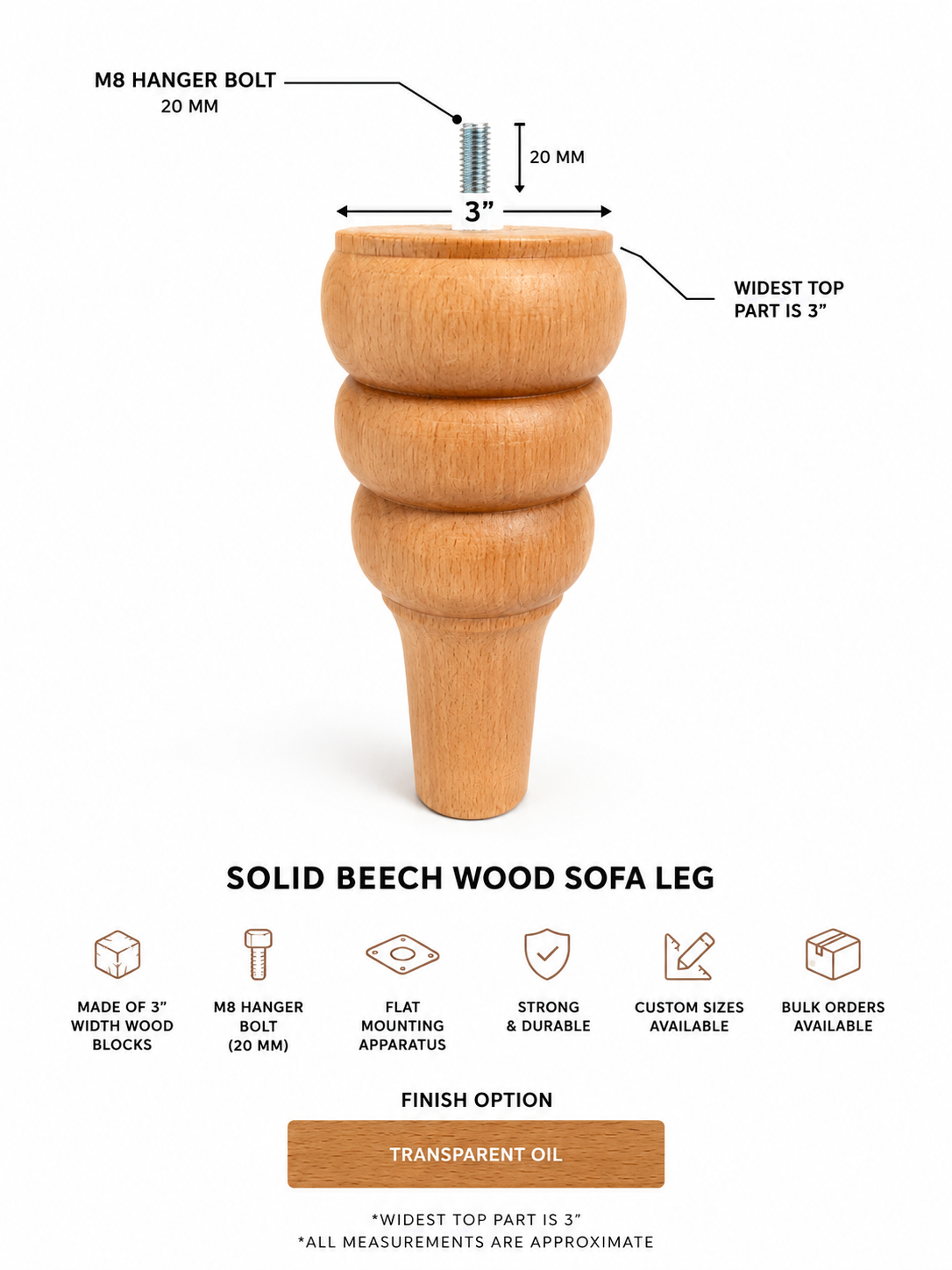 Handmade Solid Beech Wood Sofa Legs – 3” Width Furniture Feet with M8 Hanger Bolts – Custom Couch Legs – Walnut or Unfinished Finish Options