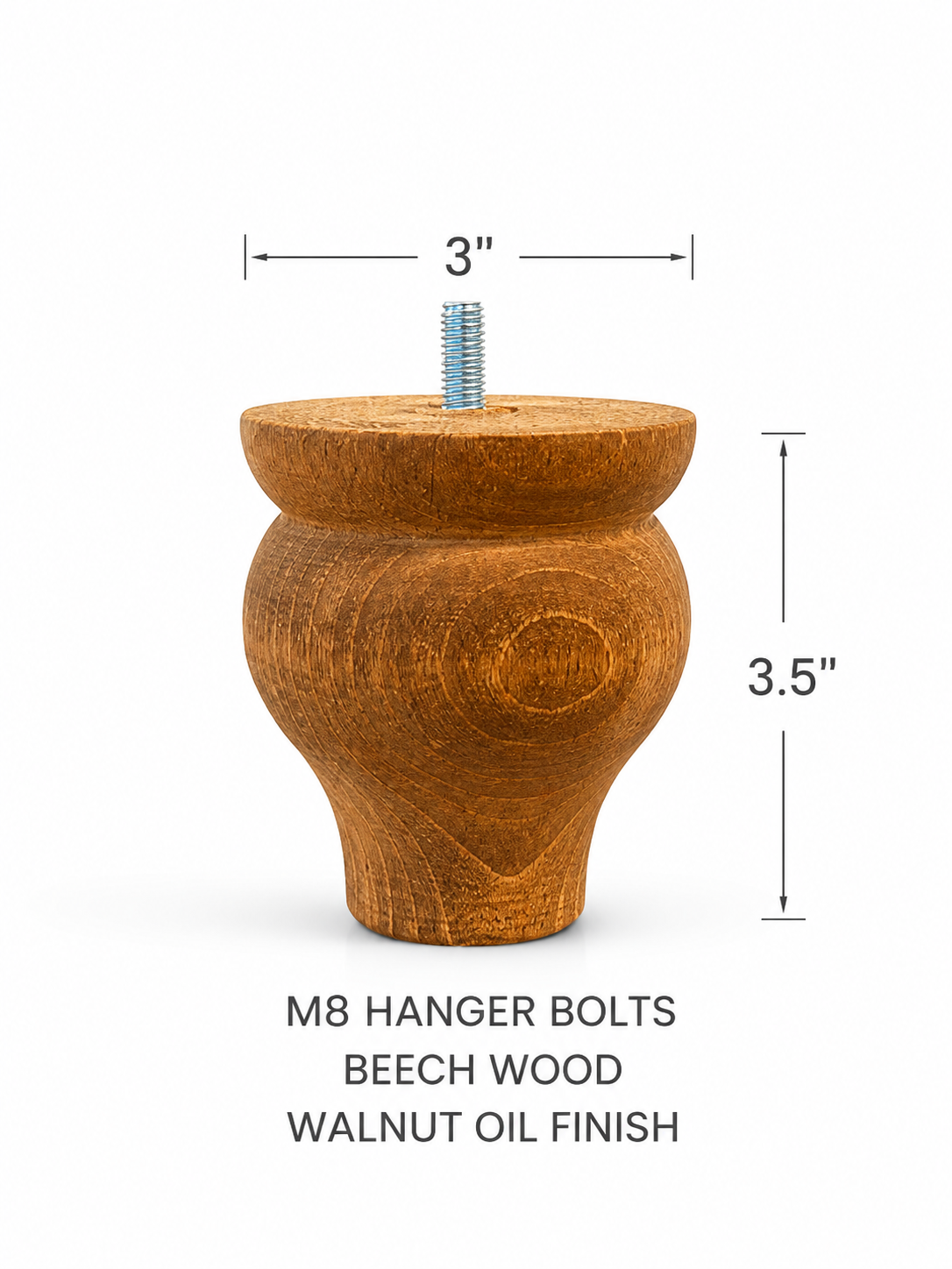 Handmade Solid Beech Wood Sofa Legs – 3” Width Furniture Feet with M8 Hanger Bolts – Custom Couch Legs – Walnut or Unfinished Finish Options