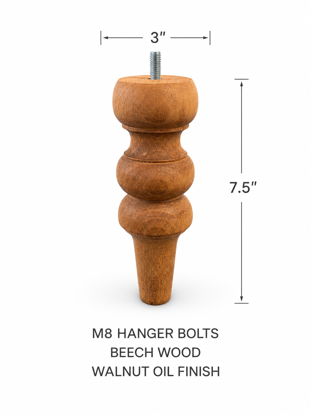Handmade Solid Beech Wood Sofa Legs – 3” Width Furniture Feet with M8 Hanger Bolts – Custom Couch Legs – Walnut or Unfinished Finish Options