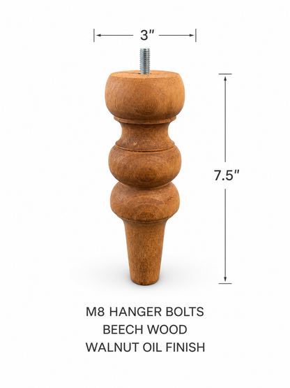 Handmade Solid Beech Wood Sofa Legs – 3” Width Furniture Feet with M8 Hanger Bolts – Custom Couch Legs – Walnut or Unfinished Finish Options