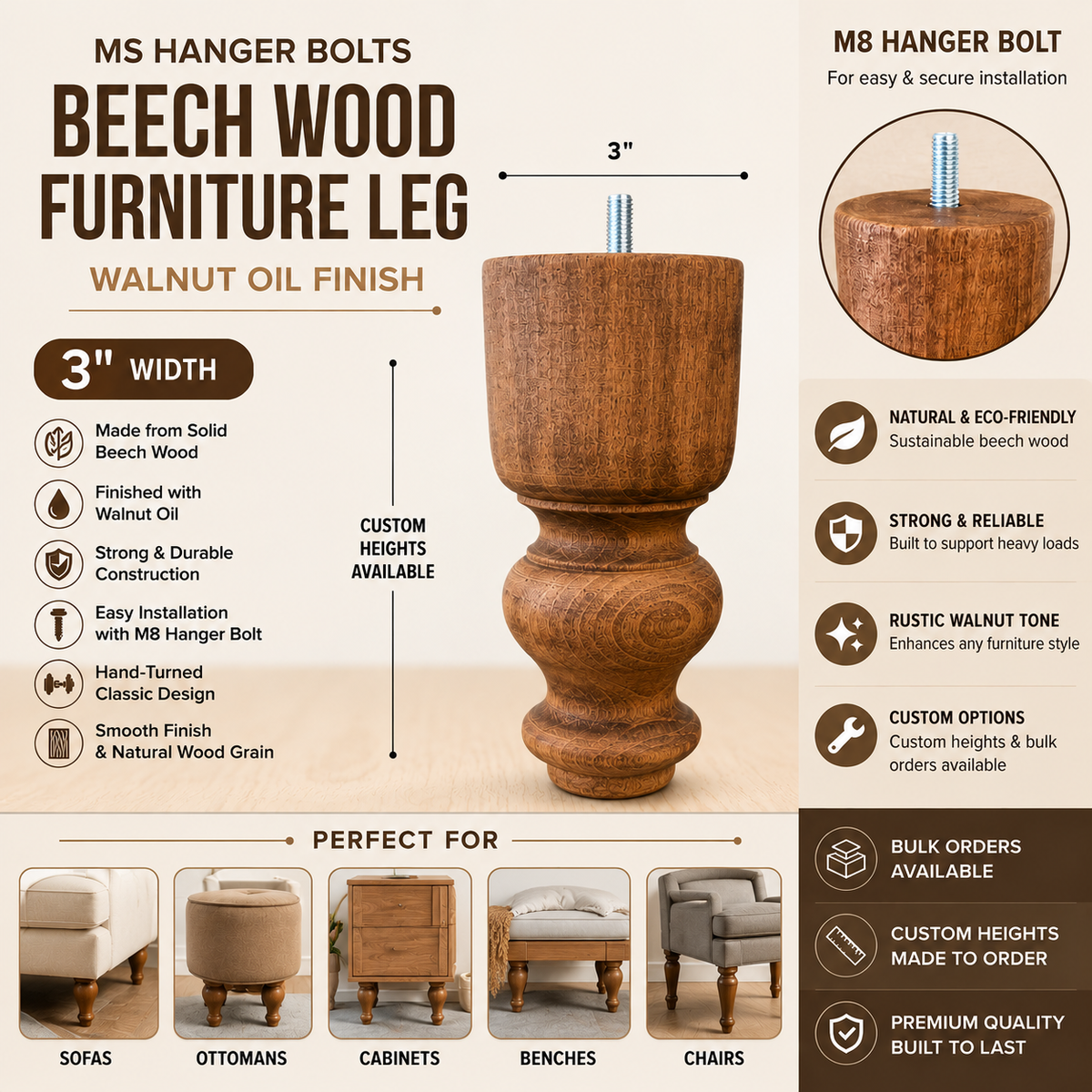 Handmade Solid Beech Wood Sofa Legs – 3” Width Furniture Feet with M8 Hanger Bolts – Custom Couch Legs – Walnut or Unfinished Finish Options
