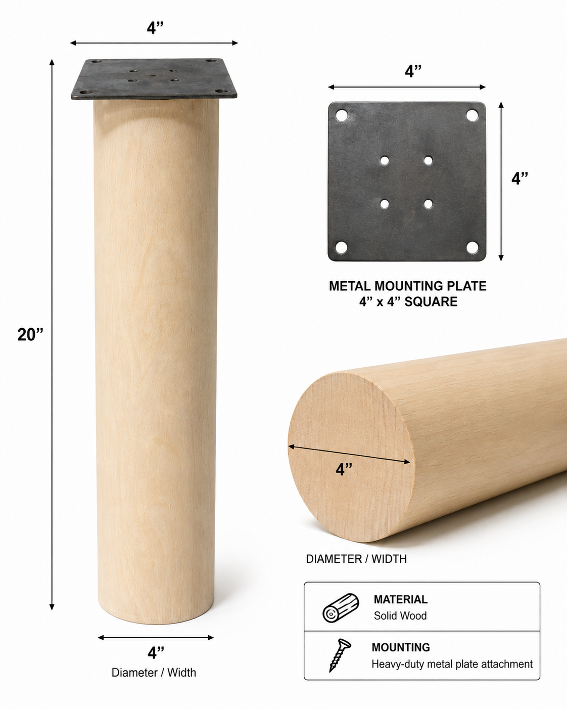 Solid Beech Wood Cylinder Furniture Legs – Heavy Duty Round Wooden Table Legs 4pc