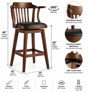360° swivel bar stool dimensions with 29 inch seat height, 40 inch overall height and 20 inch width