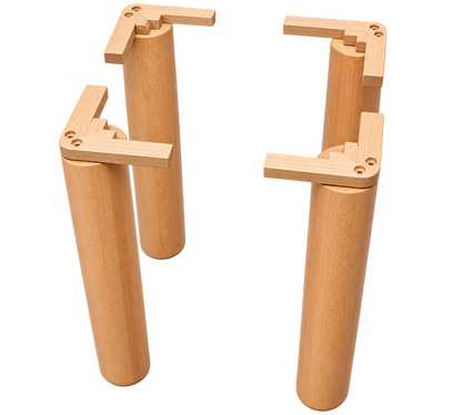 Four solid beech wood cylinder dining table legs with wooden mounting brackets for heavy tables.