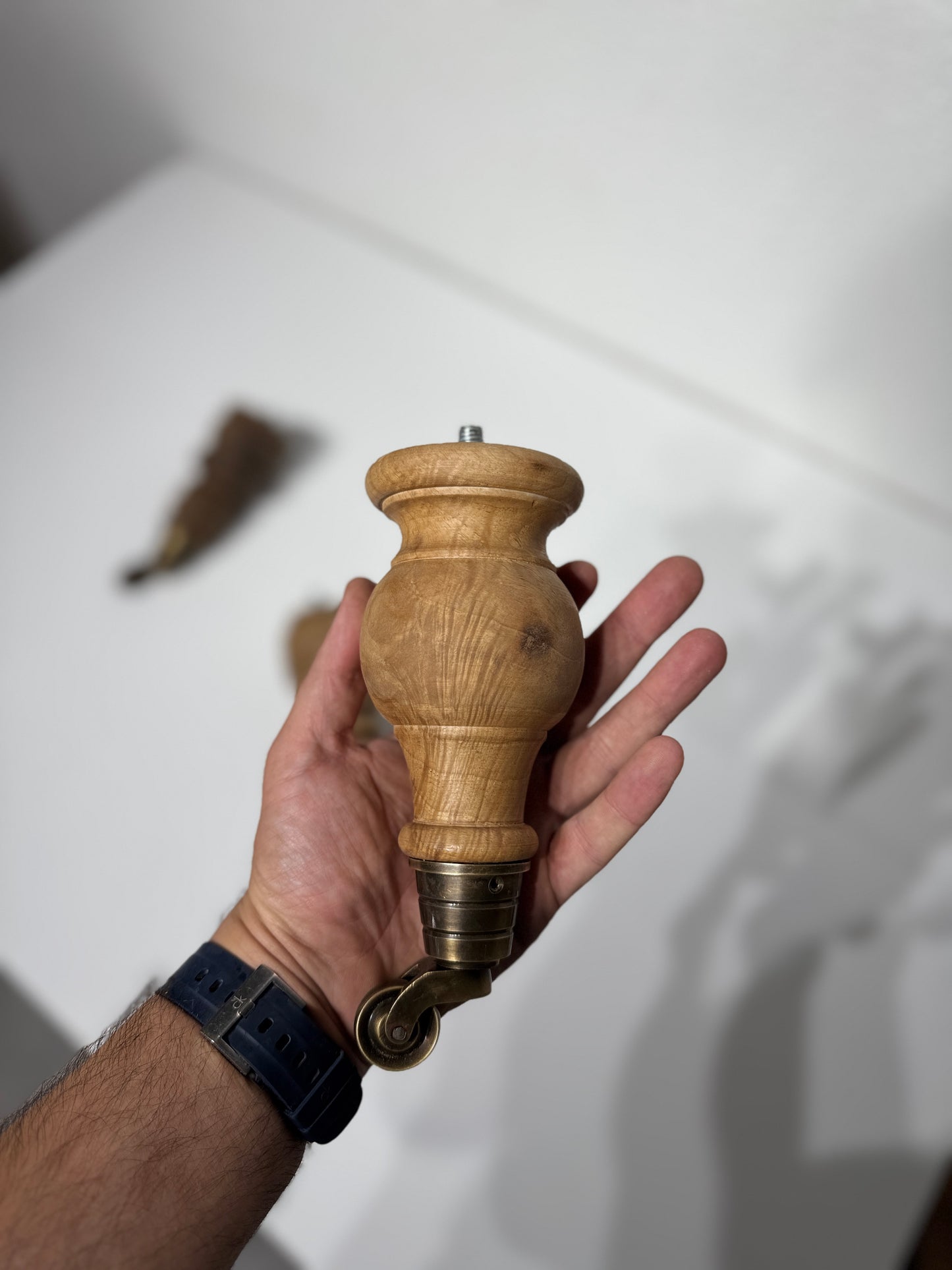 Solid Walnut Wood Furniture Leg with Real Brass Castor 1 pc