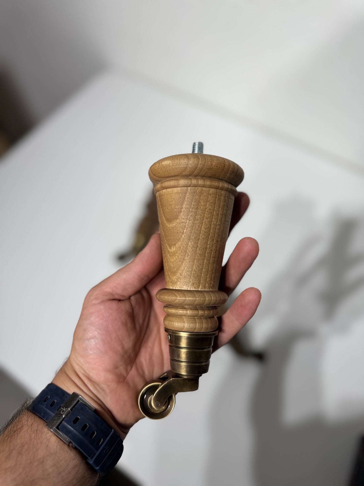 Solid Walnut Wood Furniture Leg with Real Brass Castor 1 pc