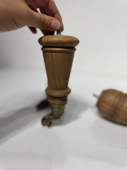 Solid Walnut Wood Furniture Leg with Real Brass Castor 1 pc