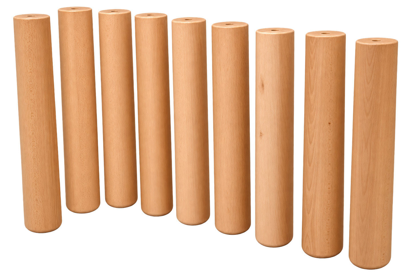 Set of solid beech wood cylinder table legs for dining tables and heavy furniture.