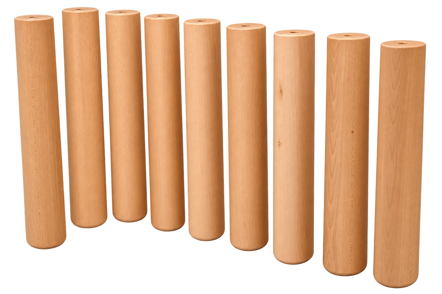 Set of solid beech wood cylinder table legs for dining tables and heavy furniture.