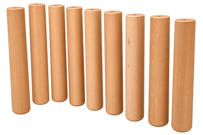 Set of solid beech wood cylinder table legs for dining tables and heavy furniture.