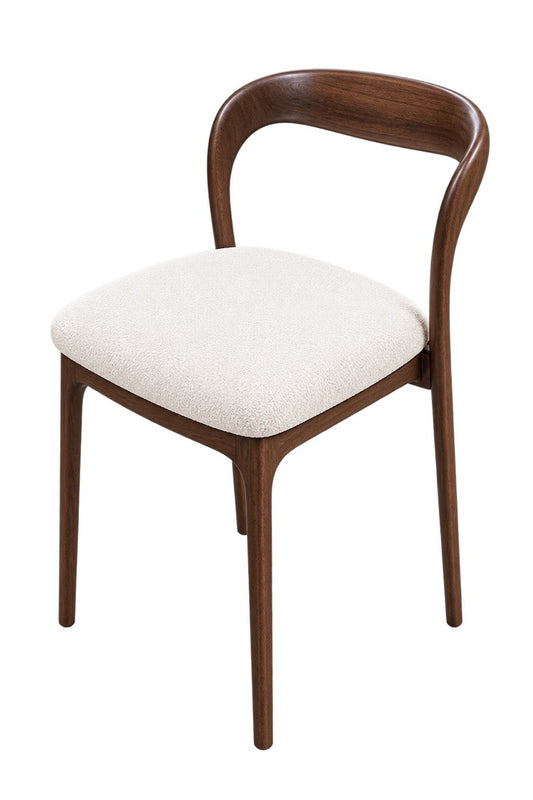 A mid-century modern dining chair with a curved dark brown wooden frame and a cream-colored textured fabric seat cushion, shown against a plain white background.