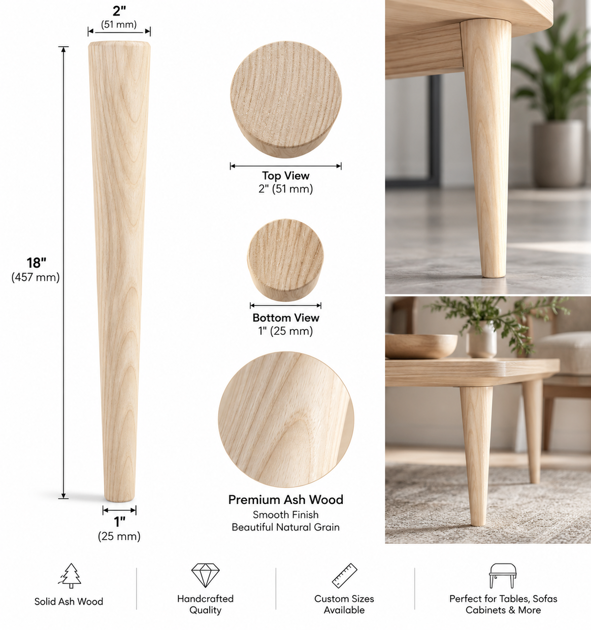 Solid ash wood tapered table leg 18 inch height with natural wood grain