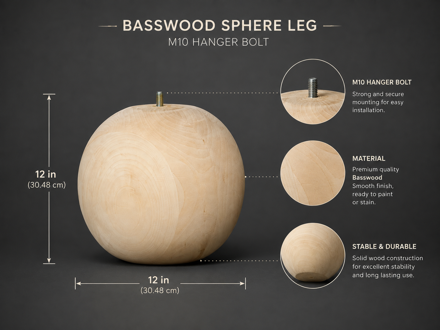 Large 12 inch handmade basswood ball furniture leg with M10 hanger bolt for bed frames, sofas and custom furniture