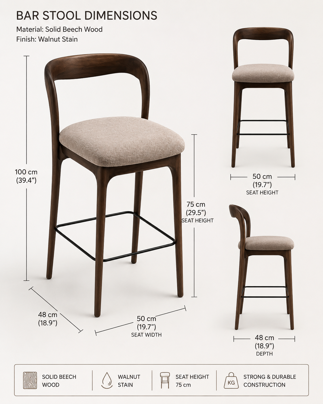 Bar stool dimensions diagram showing a wooden bar stool from multiple angles with labeled measurements for seat height, seat width, and depth, plus material and finish notes at the bottom.