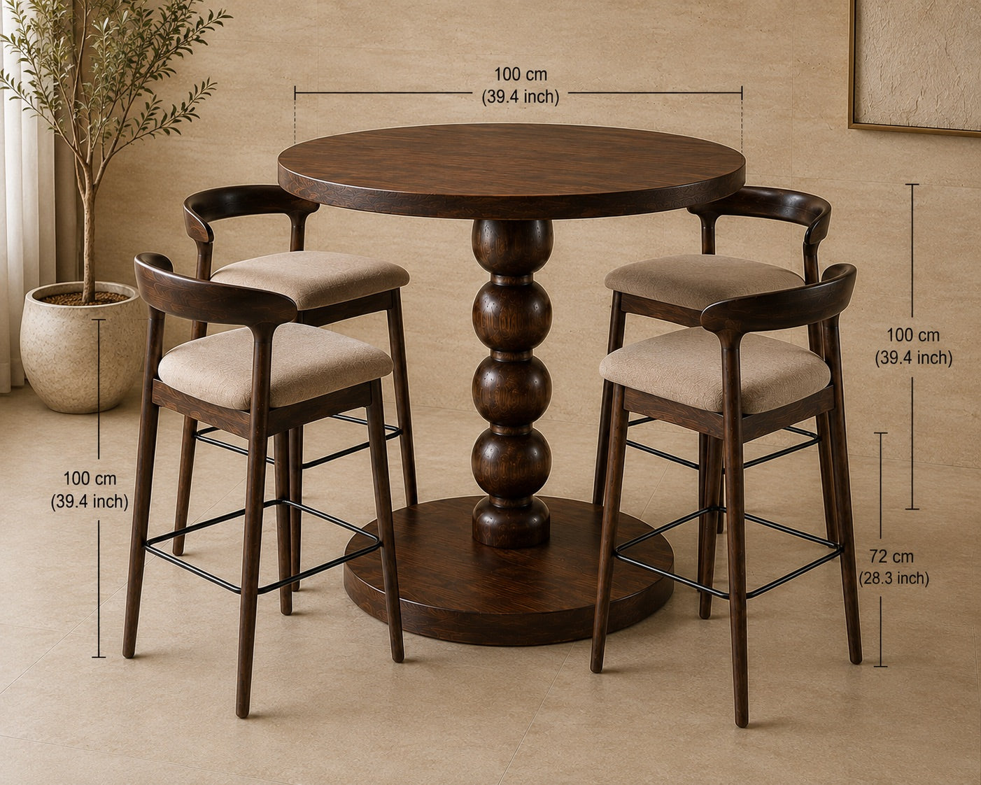 A 3-piece bar-height dining set including a round wooden table and two matching stools, shown with dimension lines and text indicating measurements of 100 cm (39.4 inch) for the table and stools height, and 72 cm (28.