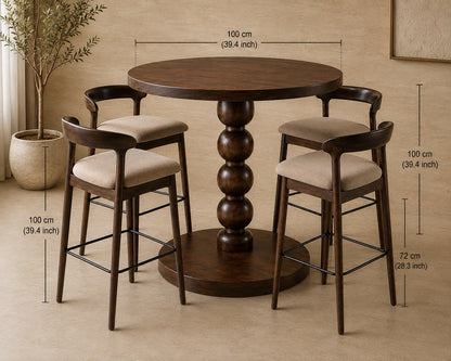 A 3-piece bar-height dining set including a round wooden table and two matching stools, shown with dimension lines and text indicating measurements of 100 cm (39.4 inch) for the table and stools height, and 72 cm (28.