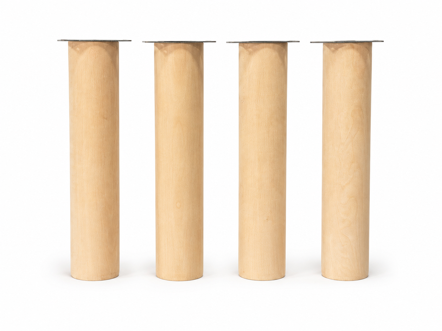 Set of 4 solid beech wood cylinder furniture legs with heavy-duty metal mounting plates, custom sizes and finishes available.