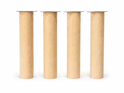 Set of 4 solid beech wood cylinder furniture legs with heavy-duty metal mounting plates, custom sizes and finishes available.