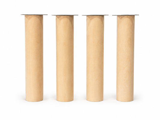 Set of 4 solid beech wood cylinder furniture legs with heavy-duty metal mounting plates, custom sizes and finishes available.
