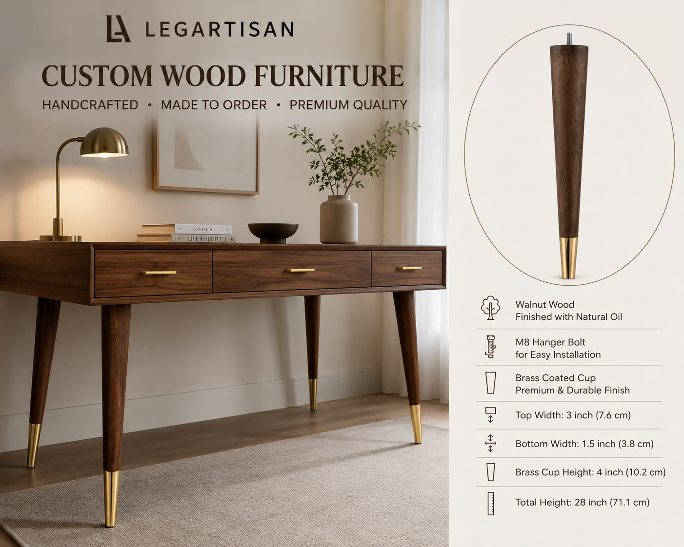 28 inch solid walnut tapered furniture leg with brass cup