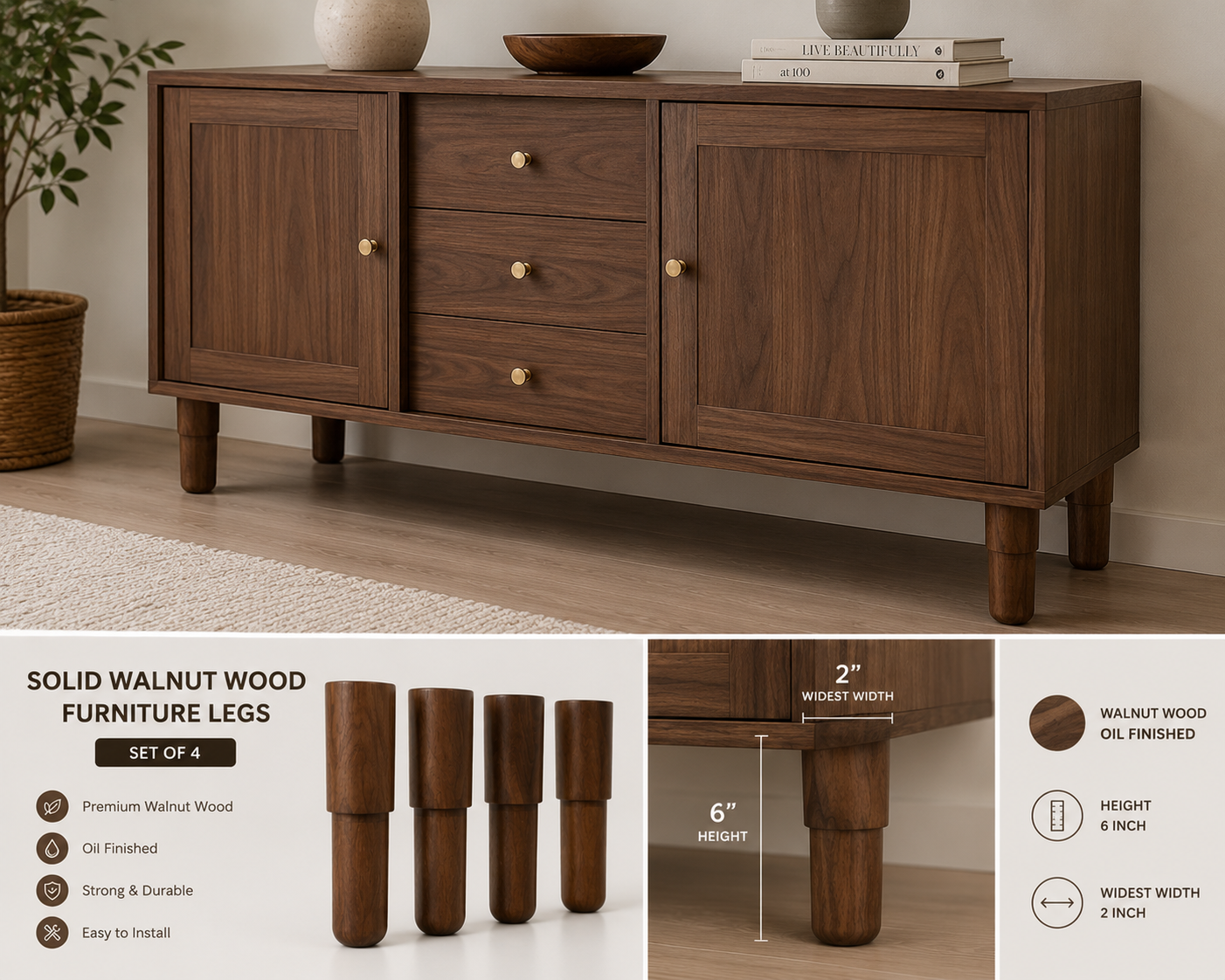 Set of 4 solid wood furniture legs with mounting hardware for sofas, beds and cabinets