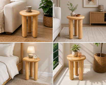 Handcrafted solid chestnut wood coffee table with round top and tapered wood legs