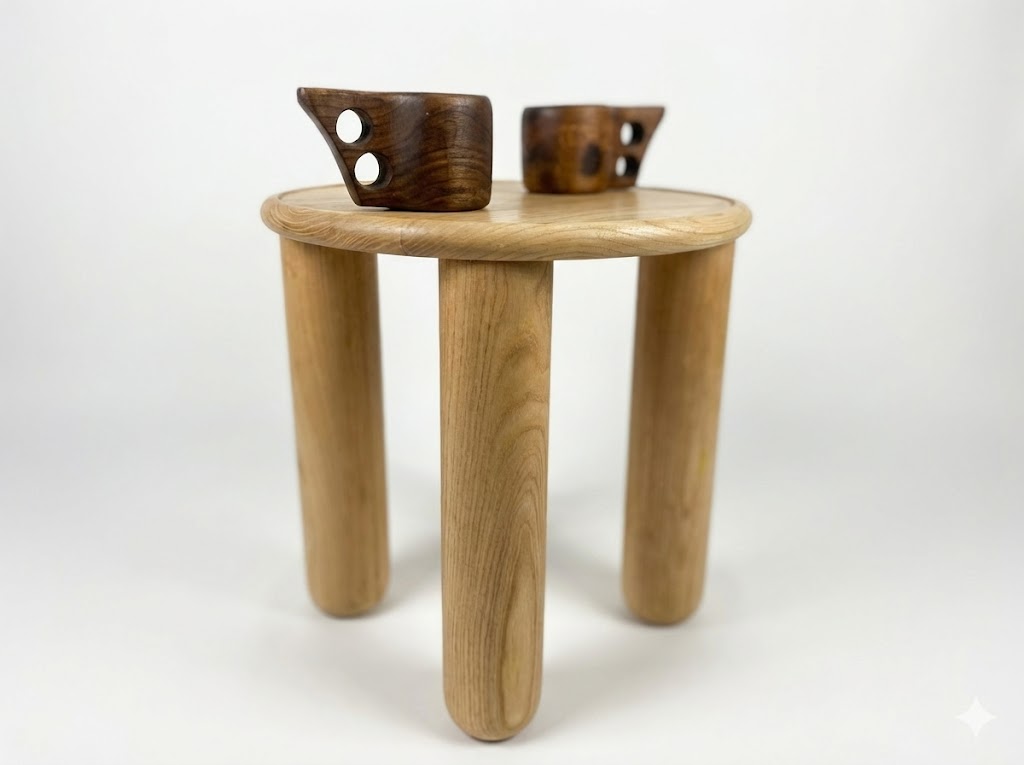 Handcrafted solid chestnut wood coffee table with round top and tapered wood legs