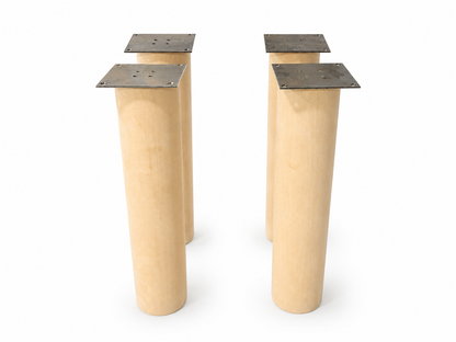 Set of 4 solid beech wood cylinder furniture legs with heavy-duty metal mounting plates, custom sizes and finishes available.