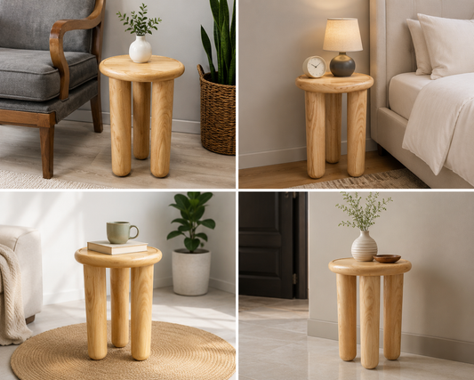 Handcrafted solid chestnut wood coffee table with round top and tapered wood legs