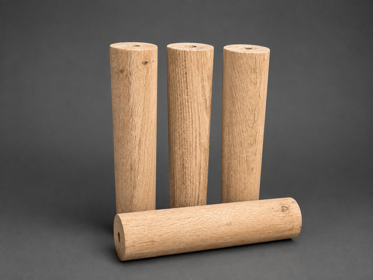 Set of 4 solid white oak cylinder furniture legs, handmade custom-size round column legs for tables, sofas, benches and DIY furniture projects.