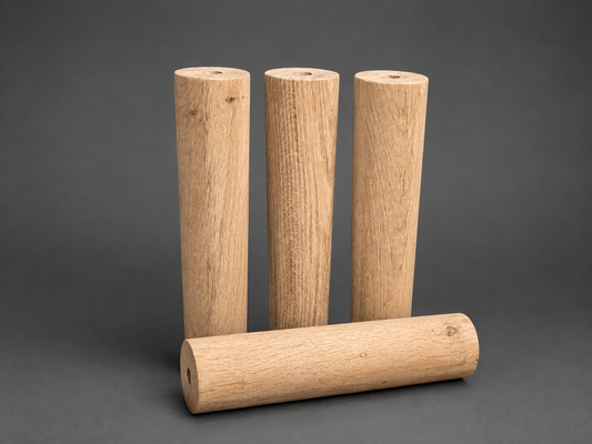 Set of 4 solid white oak cylinder furniture legs, handmade custom-size round column legs for tables, sofas, benches and DIY furniture projects.