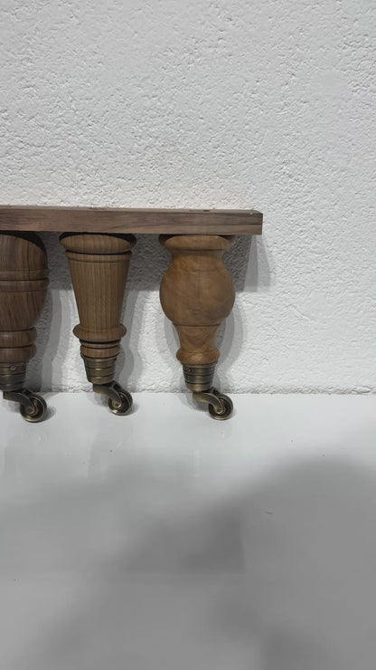 Solid Walnut Wood Furniture Leg with Real Brass Castor 1 pc